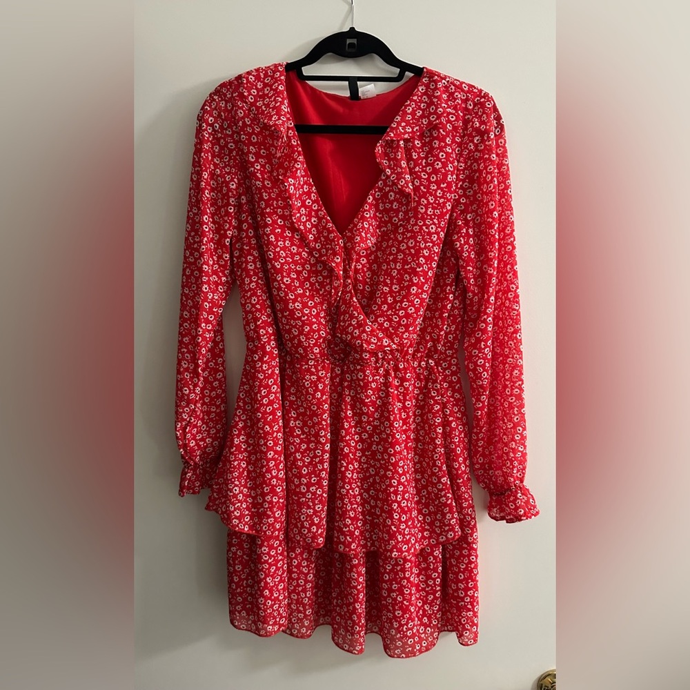 Divided Red Floral Long Sleeve Dress